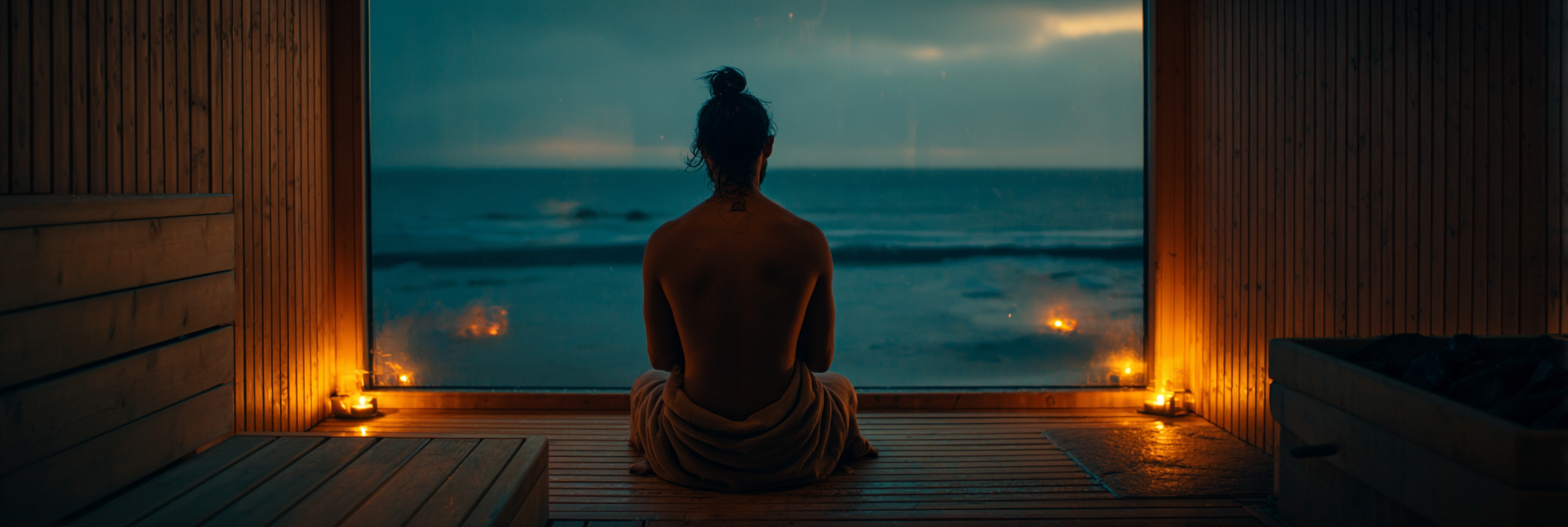 Person i meditation i bastu med levande ljus och havsutsikt